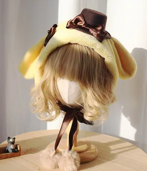 Зимняя теплая шапочка с ушками ручной работы, пудинговая собачка в стиле Лолиты, милая мягкая шапочка с помпоном для девочки